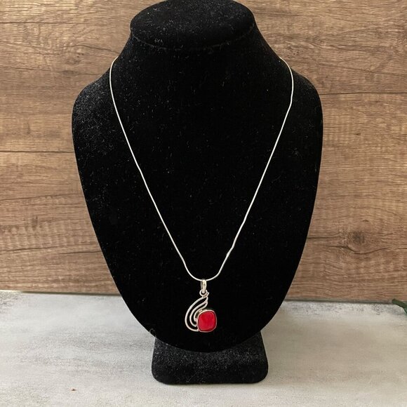 Artisan Crafted Red Coral Abstract Sterling Silver Pendant Necklace with Chain - Picture 4 of 9